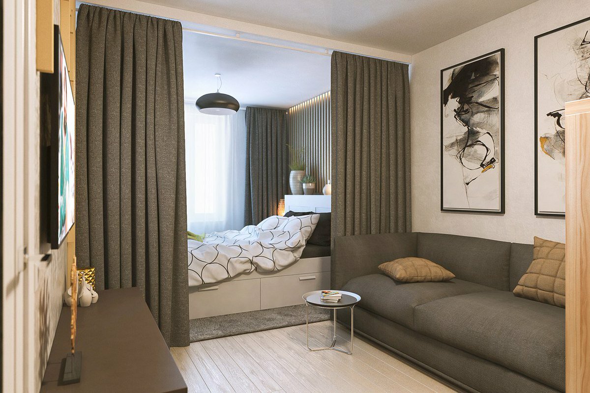 однокомнатная квартира с кроватью и диваном дизайн